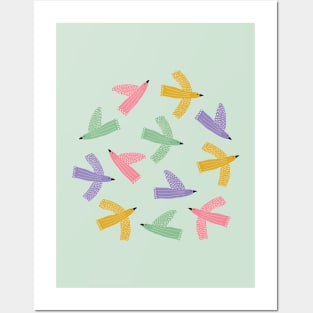 Whimsy flying birds in green and pastel tones Posters and Art
